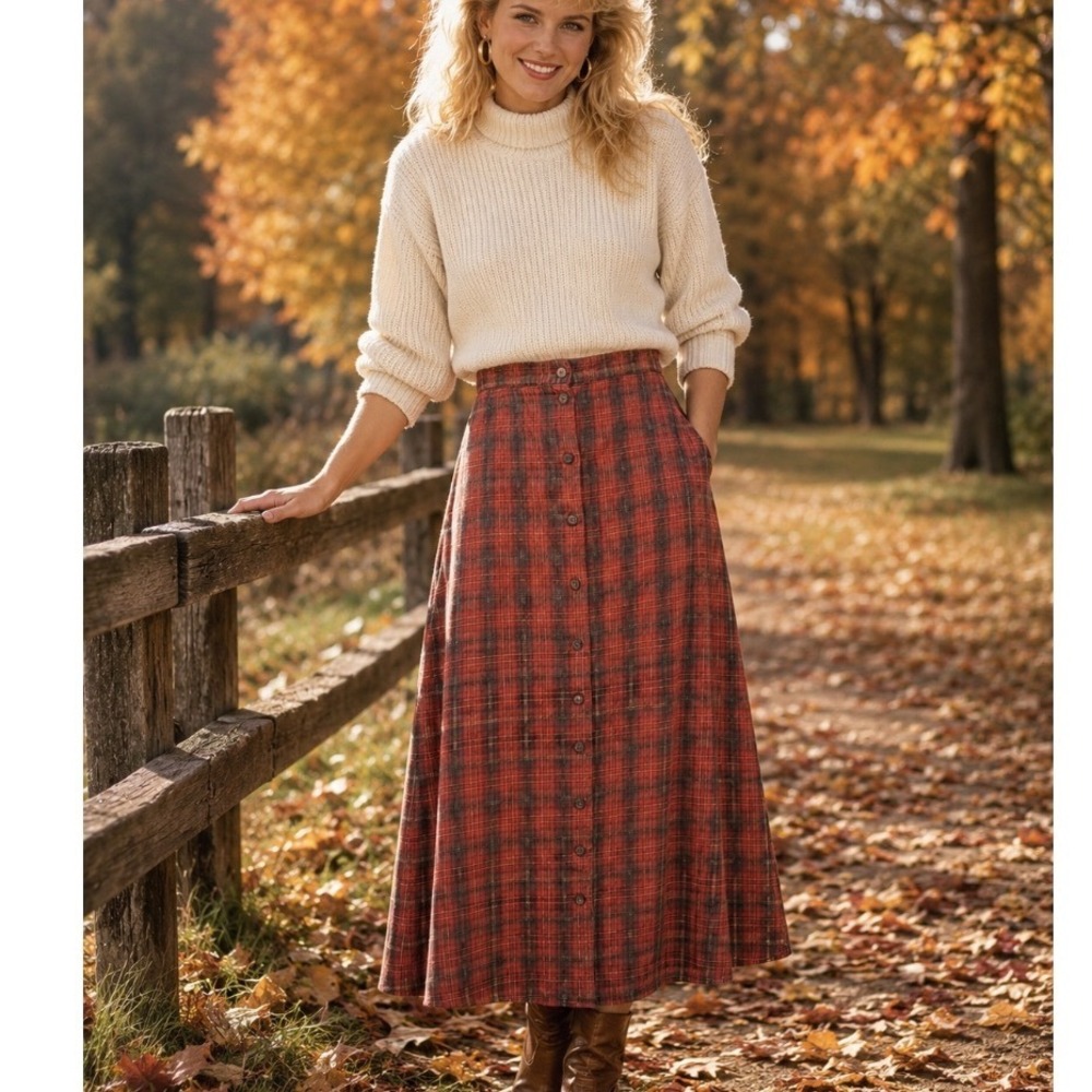 Woolrich VTG 80's  Red Plaid Button Front Cotton Flannel Maxi Skirt Womens L